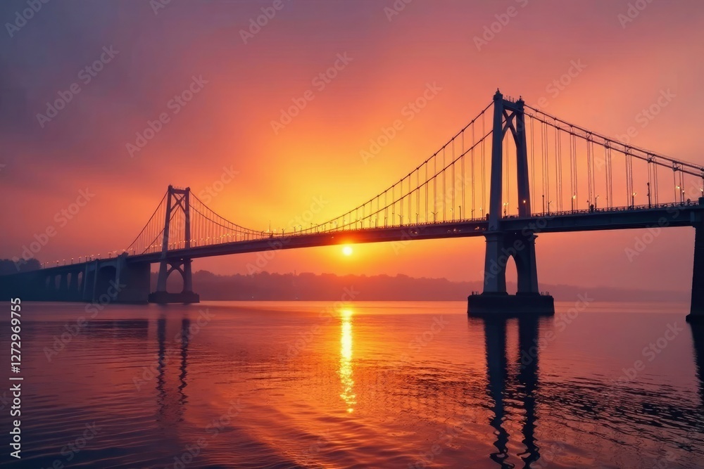 Humber Bridge at sunset with foggy atmosphere, suspension bridge, water, estuary Humber Bridge at sunset with foggy atmosphere, suspension bridge, water, estuary