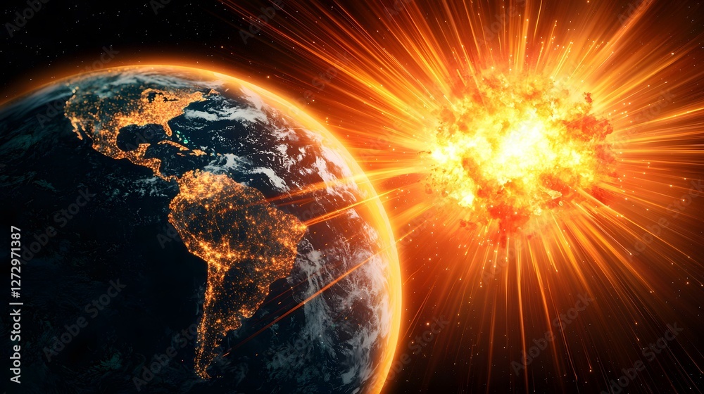 A digital rendering depicts a massive explosion in space, with the Earth illuminated by its intense light, showing the night lights of the Americas. A digital rendering depicts a massive explosion in space, with the Earth illuminated by its intense light, showing the night lights of the Americas.