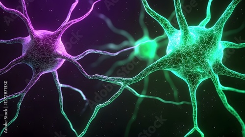 The image contains two neurons, one glowing purple and the other teal, interconnected and extending across a dark background speckled with tiny lights.A medium description sentence:  A stylized 3D re photo