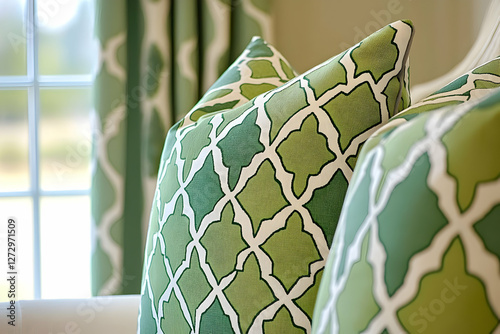 Green patterned pillows on a window seat photo