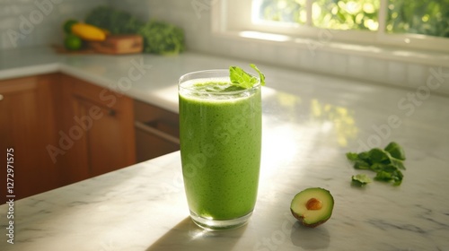 A person drinking a heart-healthy green smoothie in a sunny kitchen. Featuring nutritious eating and wellness