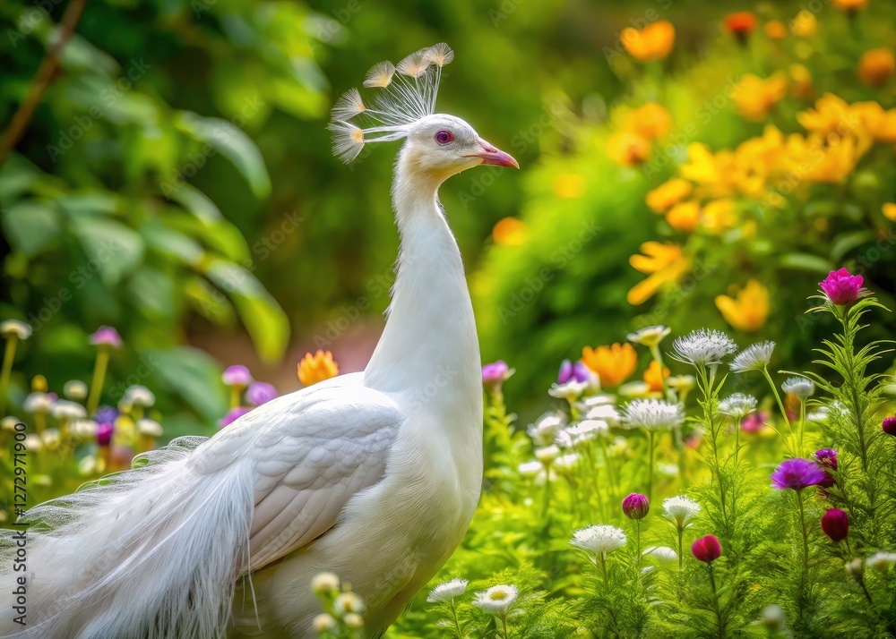 Majestic white peacock: a breathtaking landscape photograph capturing this rare albino bird in its natural environment.