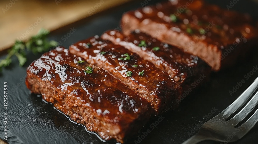 A close-up of glazed meatloaf slices garnished with herbs on a slate plate. A close-up of glazed meatloaf slices garnished with herbs on a slate plate.