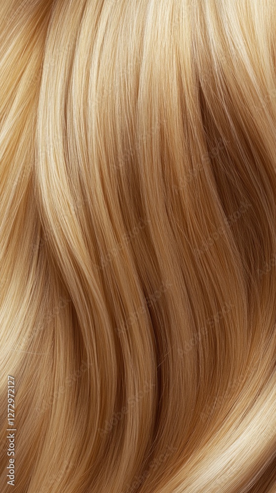Naklejka premium Beautiful model girl with blond hair strand,silky healthy chestnut wavy hair strand,hair wavy ribbon, with smooth,Keratin straightening,Treatment,straight long hair,procedures,Smooth hairstyle.