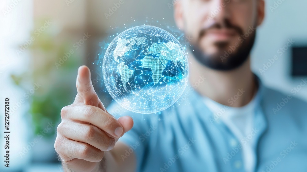 A person interacting with a digital globe, symbolizing global connectivity and modern technology. A person interacting with a digital globe, symbolizing global connectivity and modern technology.