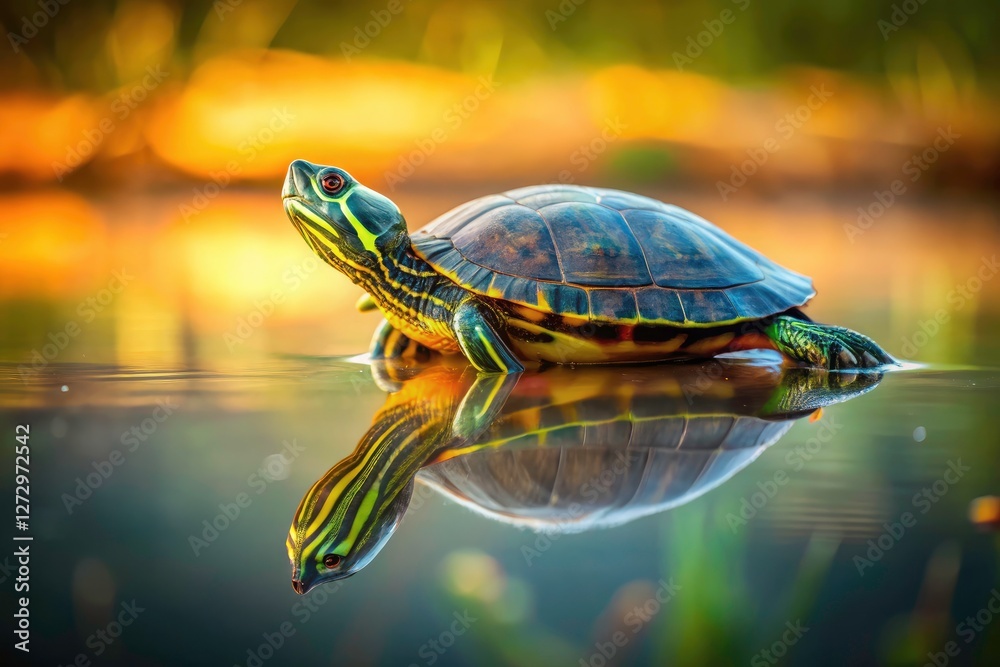 Obraz premium Minimalist lake scene: a peaceful turtle, its reflection in calm waters.