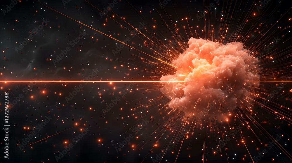 Fototapeta premium A vibrant explosion of orange and red energy bursts outward from a central cloud, streaked with glowing lines against a dark, star-studded background.