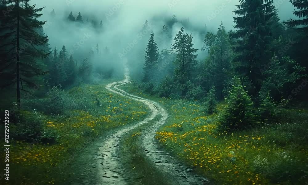 Serene winding path through a misty forest with vibrant wildflowers and soft fog Serene winding path through a misty forest with vibrant wildflowers and soft fog