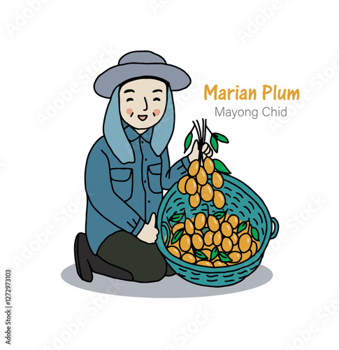 Marian plum from garden, farmer holding Marian plum or Mayong chid. Hand drawn style vector illustration.