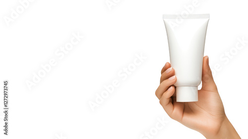 Nourishing skincare, hand holding cream tube for soft, hydrated and healthy skin photo