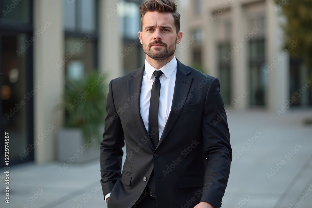 well dressed man walking in modern urban setting suit tie
