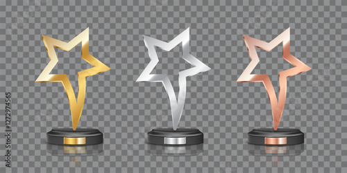 Award trophy set of golden, silver and bronze colors. Metal star shaped cups on transparent background. Realistic vector set of winners cups for sport competition, business achievement, recognition.