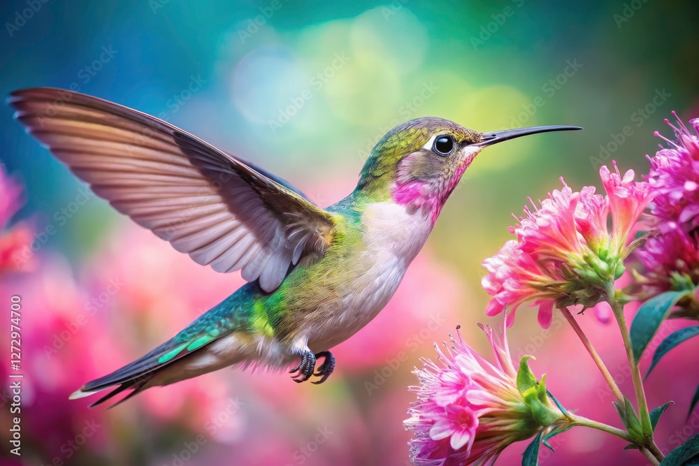 Obraz premium Pink flower blossoms embrace a hummingbird in a dreamlike double exposure, creating surreal nature art.