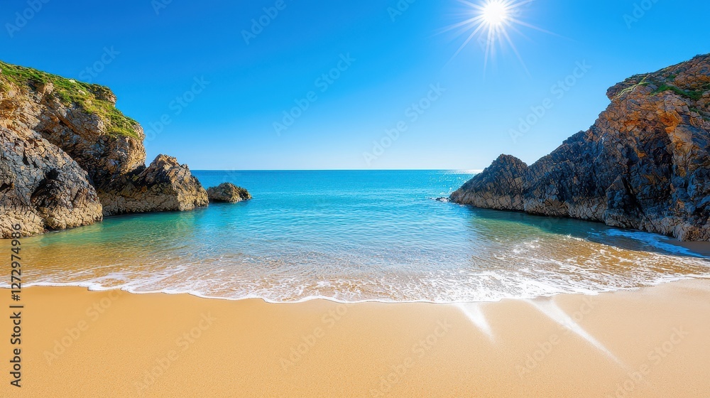 A pristine beach cove is bathed in bright sunlight A pristine beach cove is bathed in bright sunlight