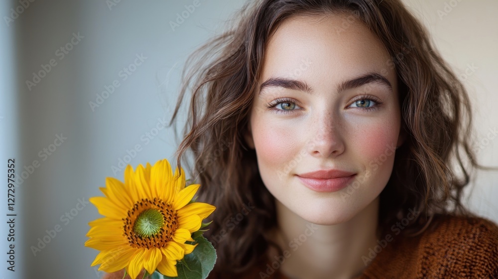 A young woman with curly hair smiling while holding a vibrant sunflower, exuding warmth and positivity. A young woman with curly hair smiling while holding a vibrant sunflower, exuding warmth and positivity.