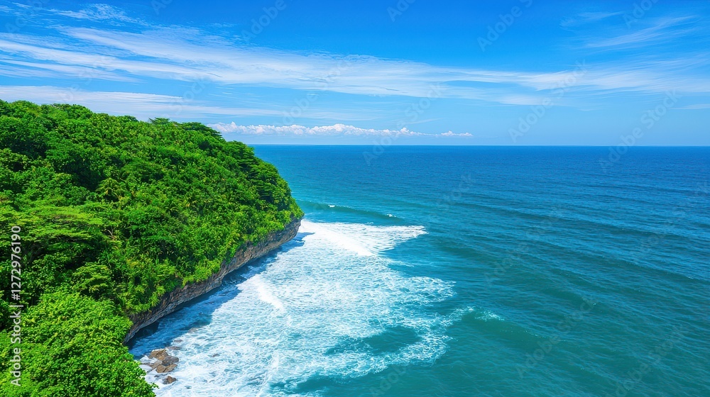 Lush green cliff meets turquoise ocean under blue sky Lush green cliff meets turquoise ocean under blue sky