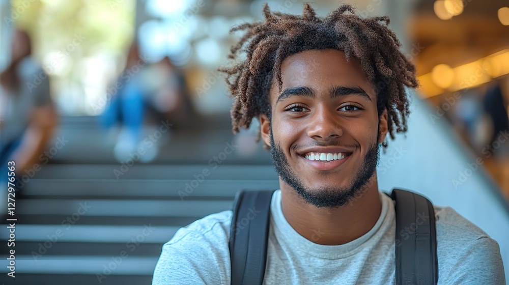 joyful college student smiling happily on stairs university lifestyle in natural light education concept joyful college student smiling happily on stairs university lifestyle in natural light education concept