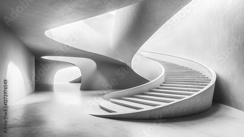 Elegant spiral staircase design in a bright white contemporary room