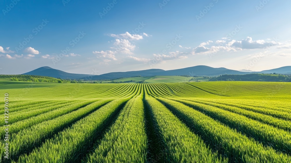 Beautiful landscape of agrofield on background of blue sky. Smooth stripes on field in mountains. Green wheat field. Agriculture. Beautiful landscape of agrofield on background of blue sky. Smooth stripes on field in mountains. Green wheat field. Agriculture.