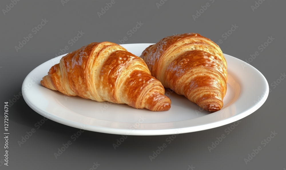 Freshly baked golden croissants on a white plate with a smooth gray background Freshly baked golden croissants on a white plate with a smooth gray background