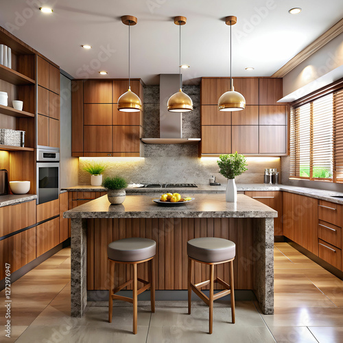 A sleek modern kitchen interior featuring wooden cabinets, refined countertops, and stylish lighting for a warm ambiance.