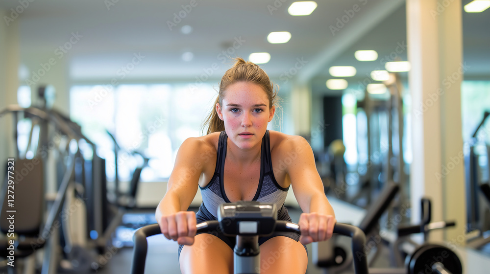 Fototapeta premium Young woman cycling on stationary bike in sleek gym