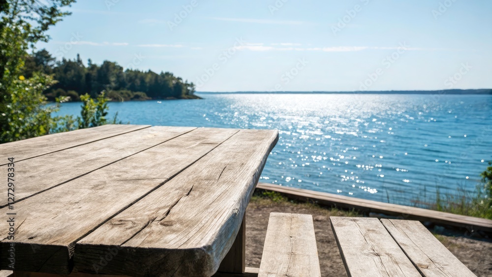 Fototapeta premium Serene Rustic Retreat: Wooden Table on a Deck Overlooking a Tranquil Blue Lake