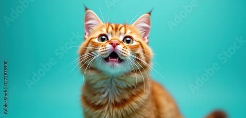 A playful, curious orange tabby cat with bright eyes against a vibrant teal background, perfect for pet-related marketing, blogs, or social media content.