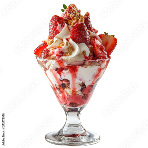 Strawberry ice cream dessert sundae glass isolated on transparent background