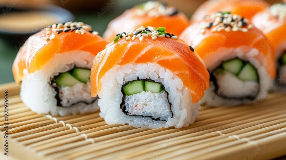 A close-up of sushi rolls topped with salmon and sesame seeds, served on a bamboo mat. A close-up of sushi rolls topped with salmon and sesame seeds, served on a bamboo mat.