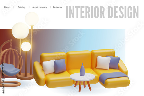 Interior design 3D vector landing page, furniture sofa with pillows, hanging chair, floor lamp, round table with vase