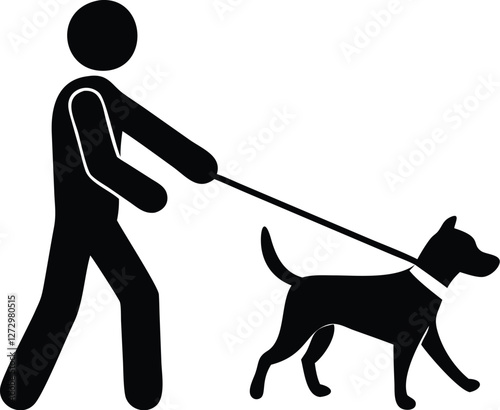 Minimalist black silhouette, person walking dog, iconic sign design, simple graphic, high contrast, vector style, clean lines, pedestrian and canine, leash connection, urban symbolism, isolated on whi