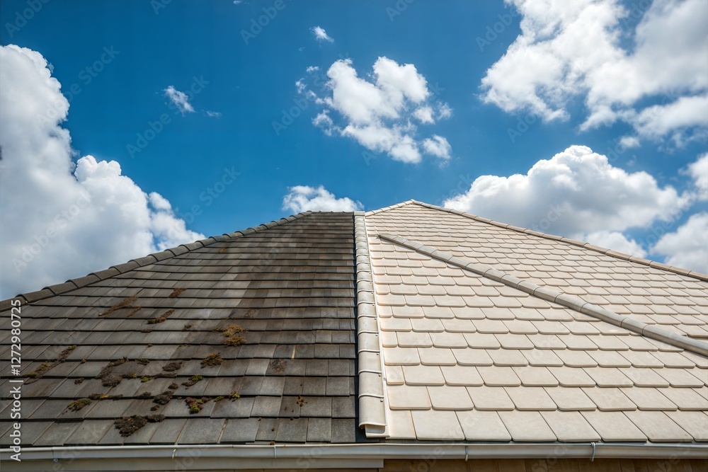 Damaged roof tiles with different colors and moss growth. Damaged roof tiles with different colors and moss growth.