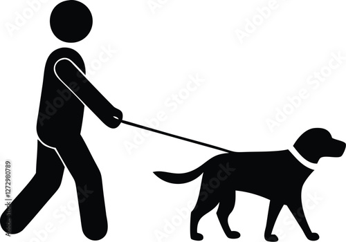 Minimalist black silhouette, person walking dog, iconic sign design, simple graphic, high contrast, vector style, clean lines, pedestrian and canine, leash connection, urban symbolism, isolated on whi