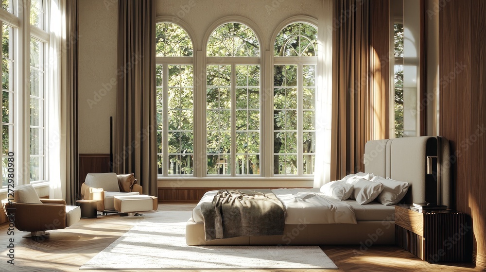 Fototapeta premium Luxurious Bedroom with Large Windows and Natural Light