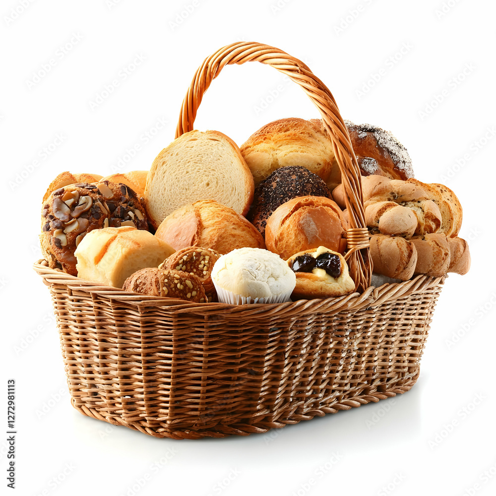 Assorted baked goods in wicker basket Assorted baked goods in wicker basket