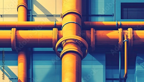 Industrial pipes, cross-section, building exterior, sunlit; illustration photo