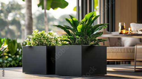 Two square black planters with green plants, stacked on top of each other, set outdoors in front of an outdoor table. Photo-realistic landscapes, sleek and minimalist designs, luxurious wall hangings photo