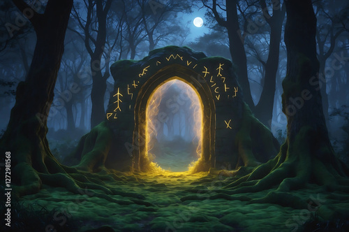 Mysterious Twilight Forest with Glowing Moss and Ancient Stone Archway – Ethereal Runes, Wisps of Fog, and a Hidden Portal Illuminated by a Golden Light in an Enchanted, Shadowed Realm