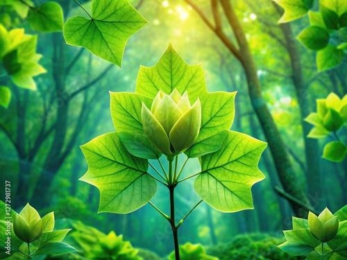 Vibrant green tulip tree leaves and forest intertwine in this striking double exposure nature photograph. photo