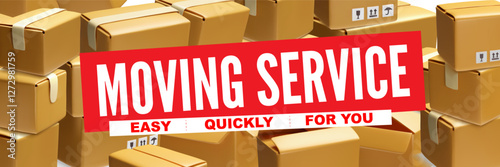 Easy moving service quickly and easy 3D vector banner, cardboard boxes stack, package cases, office and house delivery
