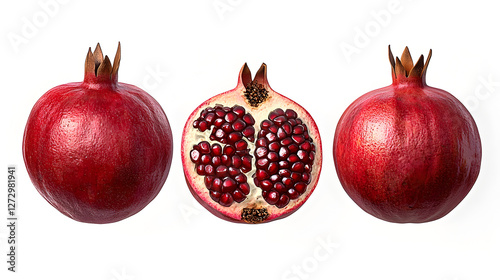 Ripe Pomegranates: Whole and Halved on White Background photo