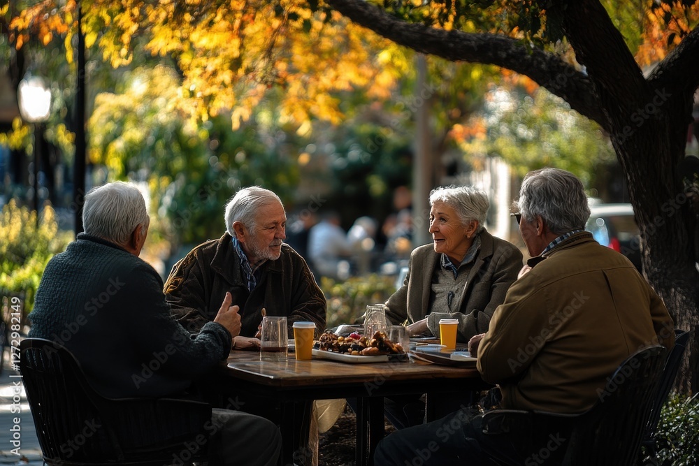 Friends enjoying autumn vibes with drinks and food outdoors in a cozy setting