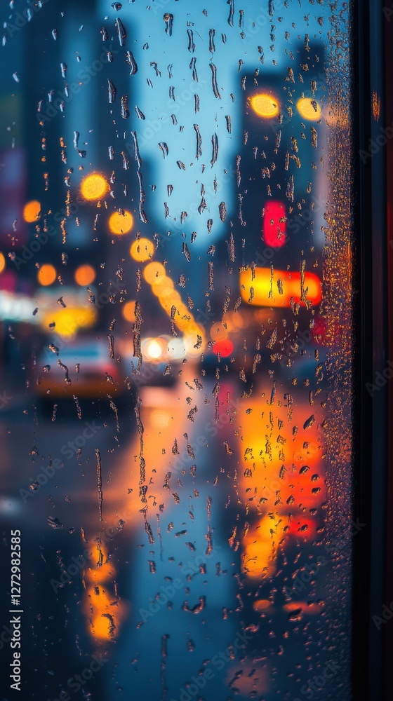 Obraz premium City streets illuminated by neon lights during a rainy evening with raindrops decorating the window