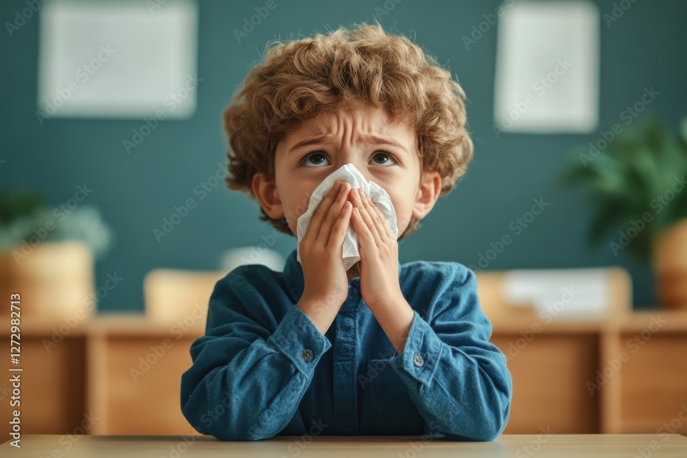 Young boy sitting at a table in a classroom looking worried while holding a tissue to his nose Young boy sitting at a table in a classroom looking worried while holding a tissue to his nose