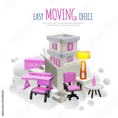 Easy moving office service 3D vector design, cardboard boxes stack, chairs, lamp and table, furniture package delivery