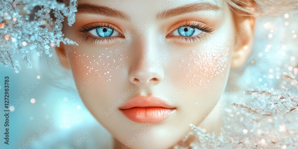 Winter portrait of a woman with bright blue eyes and a serene expression surrounded by soft snow accents in a dreamy atmosphere Winter portrait of a woman with bright blue eyes and a serene expression surrounded by soft snow accents in a dreamy atmosphere