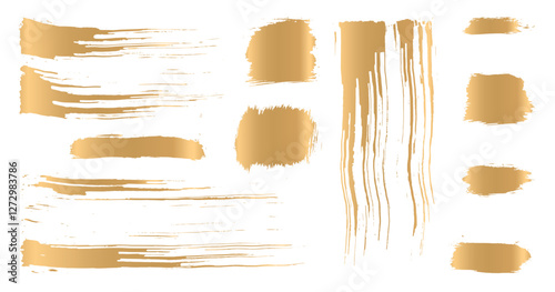 Gold paint vector collection. Golden hand drawn brush stroke text boxes. Chinese, Korean, Japanese calligraphy brushstroke set. Rough grunge luxury paint. Luxurious celebration rectangle textboxes