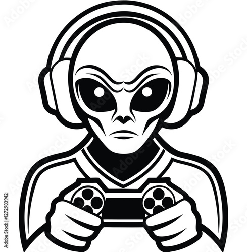 Futuristic Alien Gamer with Headphones Holding a Game Controller – Black and White Vector Illustration