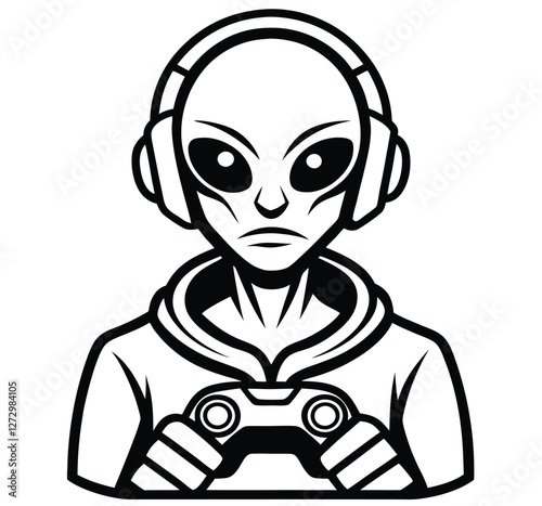 Futuristic Alien Gamer with Headphones Holding a Game Controller – Black and White Vector Illustration